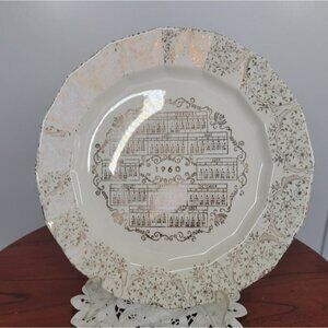 Calendar Souvenir Plate Year 1960 Gold White Made In USA MCM